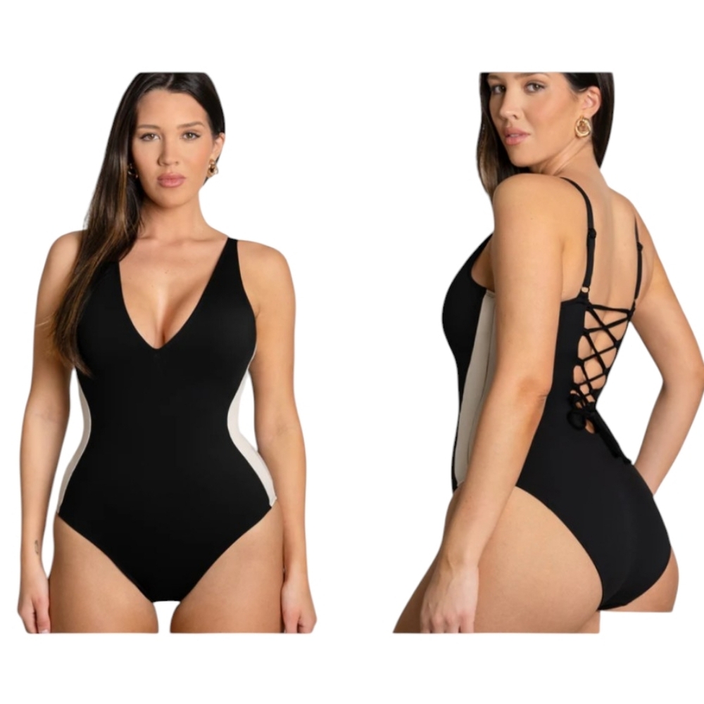 NWT TA3 Plungey Contour Corset Back One Piece Swimsuit Black Oat Sculpting M